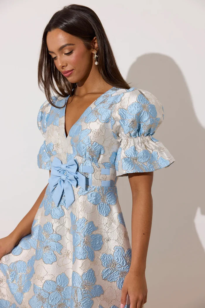 Callie Metallic Puff Sleeve Midi Dress (Pale Blue)