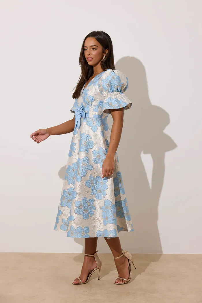 Callie Metallic Puff Sleeve Midi Dress (Pale Blue)