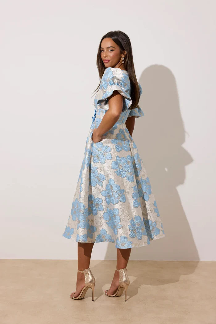 Callie Metallic Puff Sleeve Midi Dress (Pale Blue)