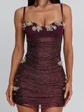 Cami 3D Flowers Cinch Waist Shimmery Party Mini Dresses-Red Pre Order