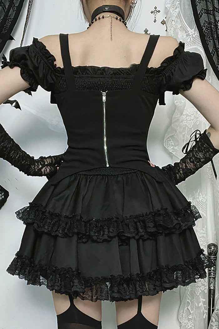 Cami Corset Off Shoulder Lace Ruffled Trim Mini Dresses 2pcs Set-Black