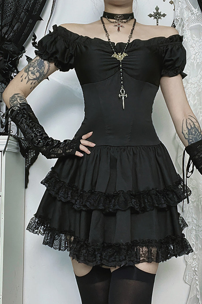 Cami Corset Off Shoulder Lace Ruffled Trim Mini Dresses 2pcs Set-Black