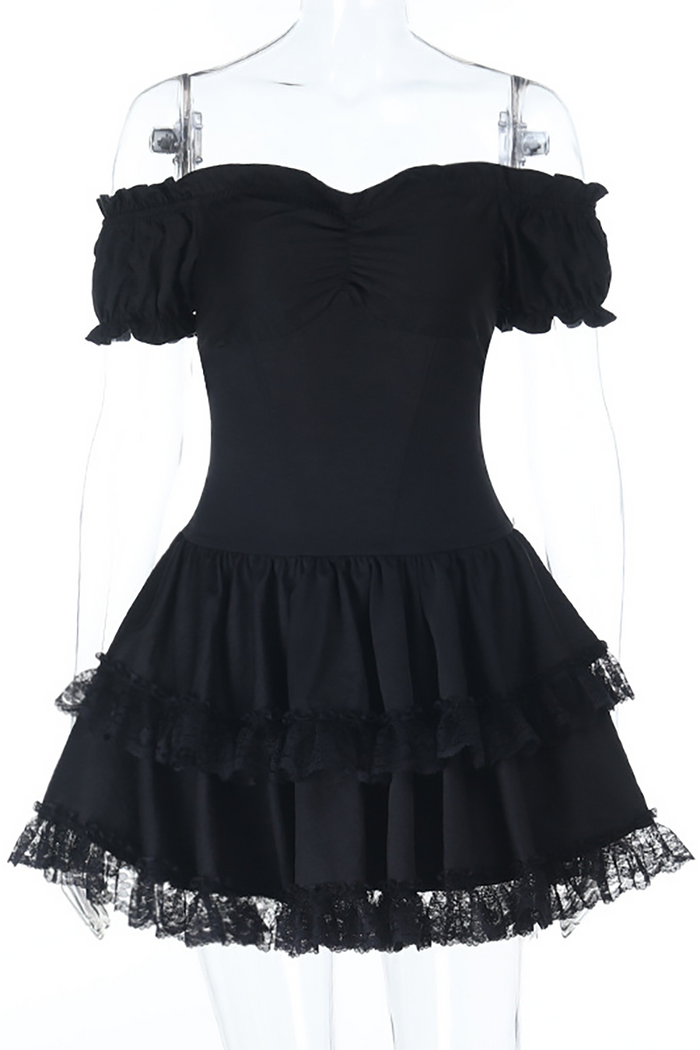 Cami Corset Off Shoulder Lace Ruffled Trim Mini Dresses 2pcs Set-Black