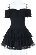 Cami Corset Off Shoulder Lace Ruffled Trim Mini Dresses 2pcs Set-Black