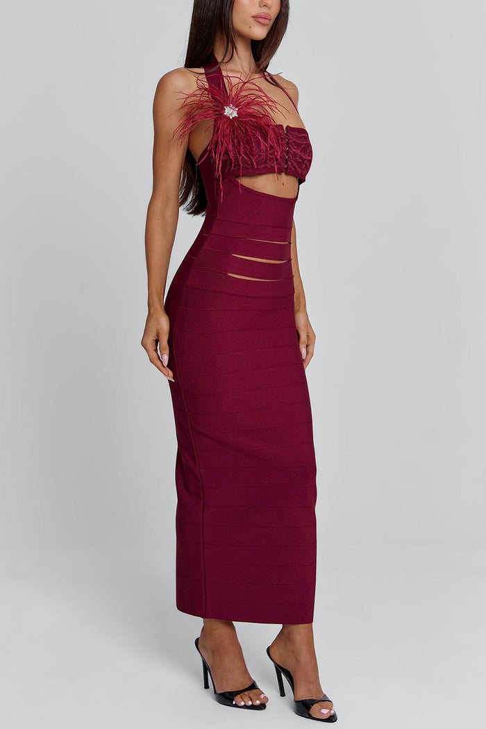 Cami Feather Cut Out Cinch Waist Bodycon Party Maxi Dresses-Red Pre Order