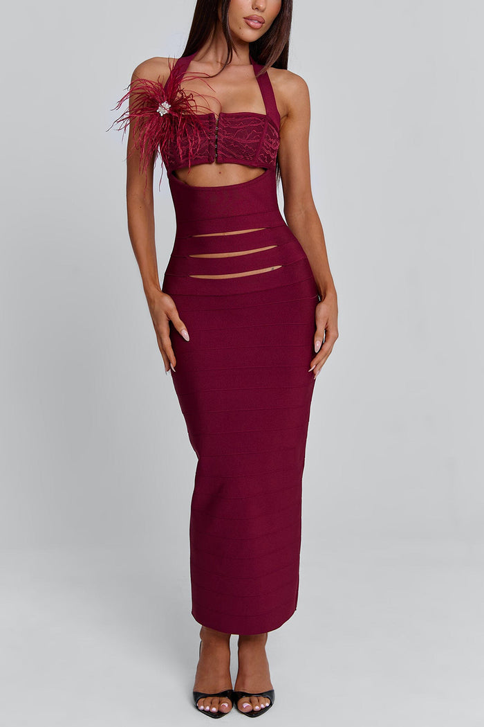 Cami Feather Cut Out Cinch Waist Bodycon Party Maxi Dresses-Red Pre Order