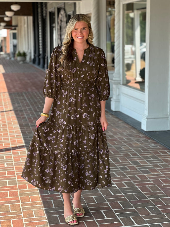 Can't Stop Now Olive Green Floral Maxi Dress
