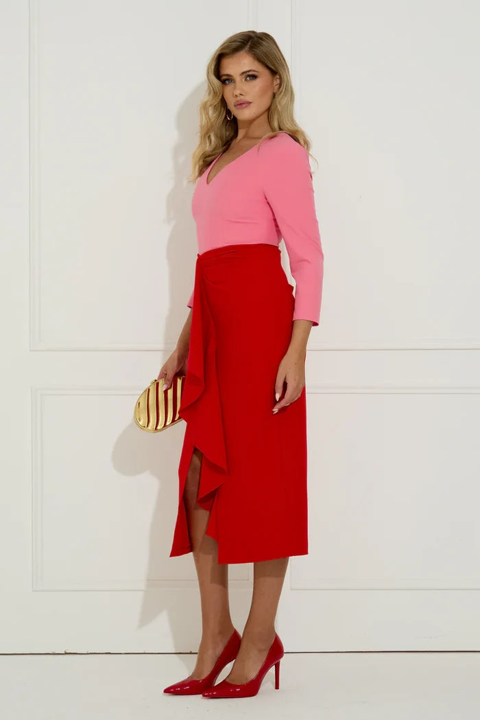 Carmen Frill Midi Dress (Red/Pink)