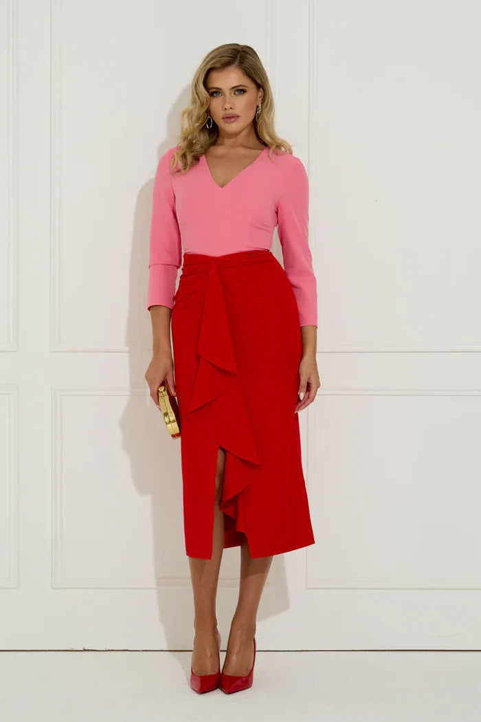 Carmen Frill Midi Dress (Red/Pink)