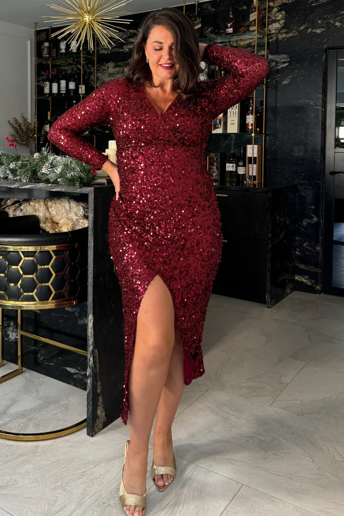 Celia Sequin Wrap Midi Dress (Wine)