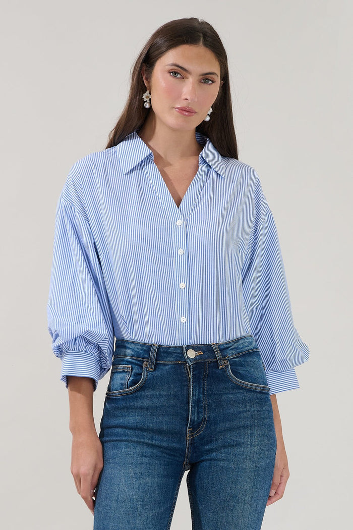 Chalet Button Down Top in Blue Stripe