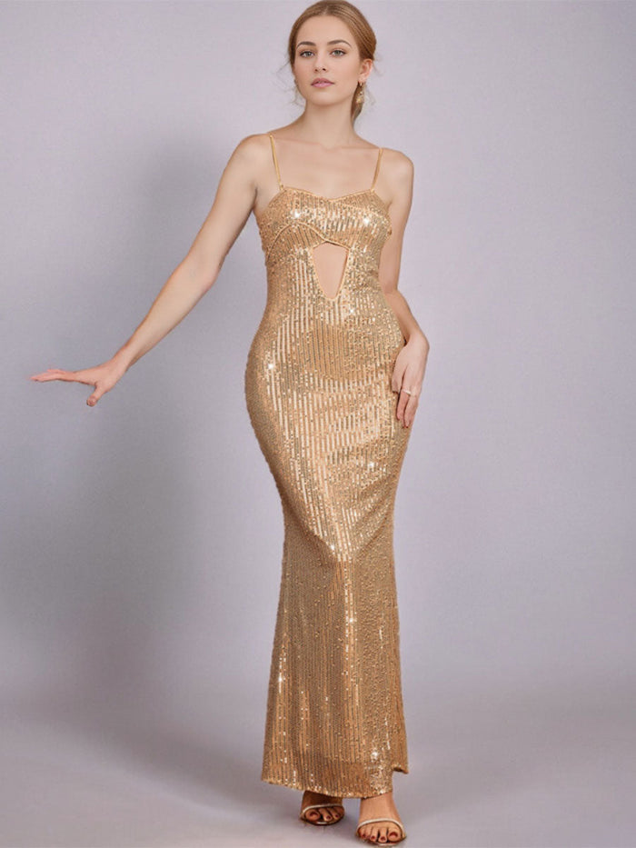 Champagne Mermaid Sequin Cutout Slip Gown