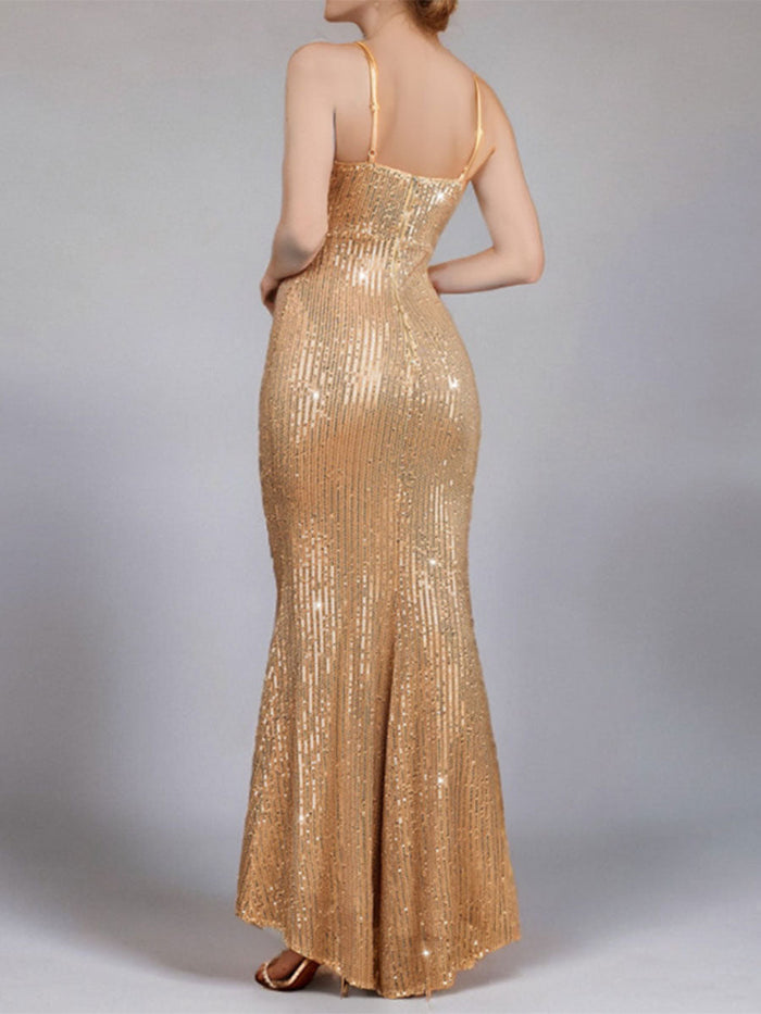 Champagne Mermaid Sequin Cutout Slip Gown