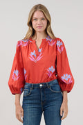 Cheney Split Neck Top Red Floral