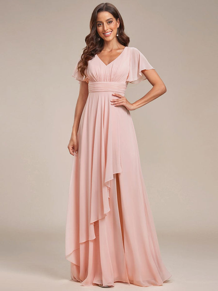 Chiffon Evening Dress with Ruffles Sleeve and Lotus Leaf High Slit