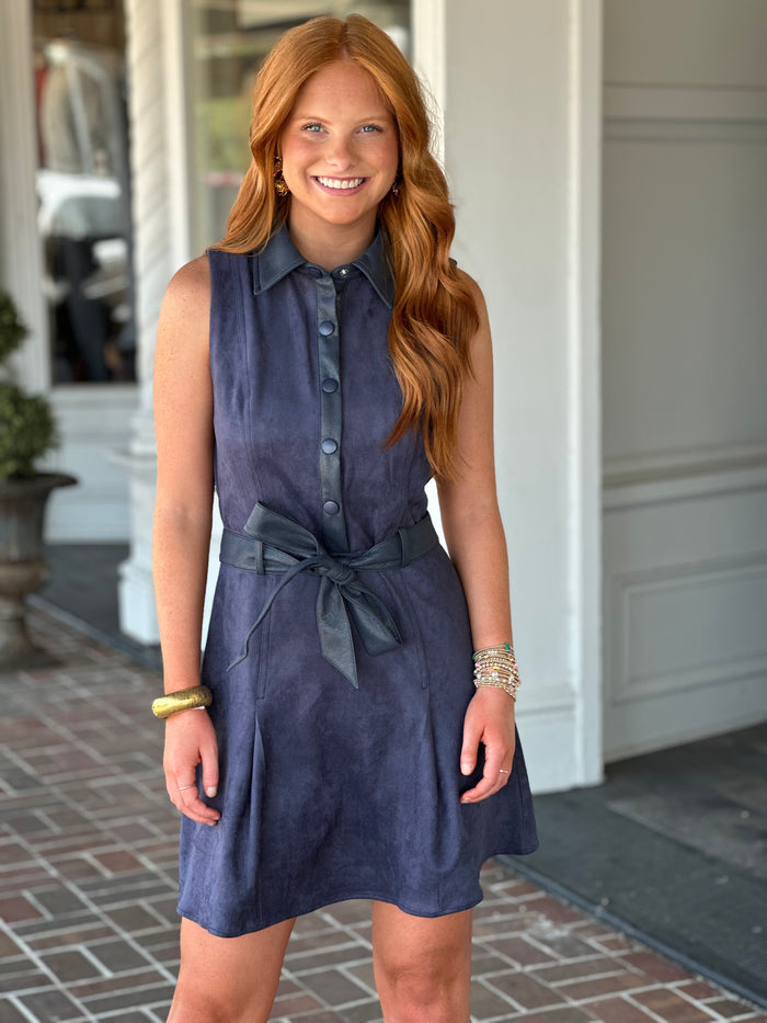 Clear Skies Belted Dress in Navy