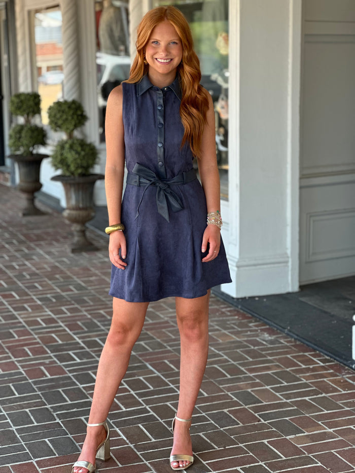 Clear Skies Belted Dress in Navy