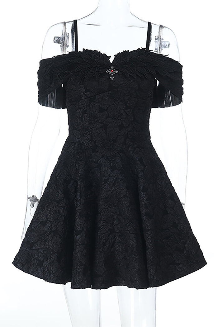 Cold Shoulder Cinch Waist Floral Textured Slip Mini Dresses-Black