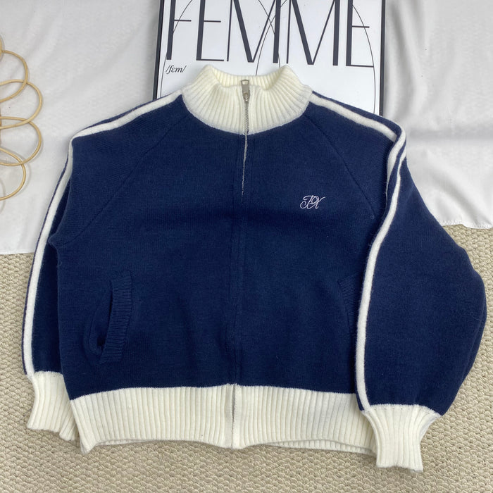 Color-Blocked Stand-Up Collar Sweater