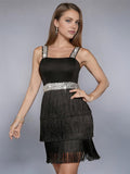 Colorblock Sequin Fringe Slip Party Dress