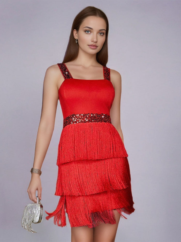 Colorblock Sequin Fringe Slip Party Dress