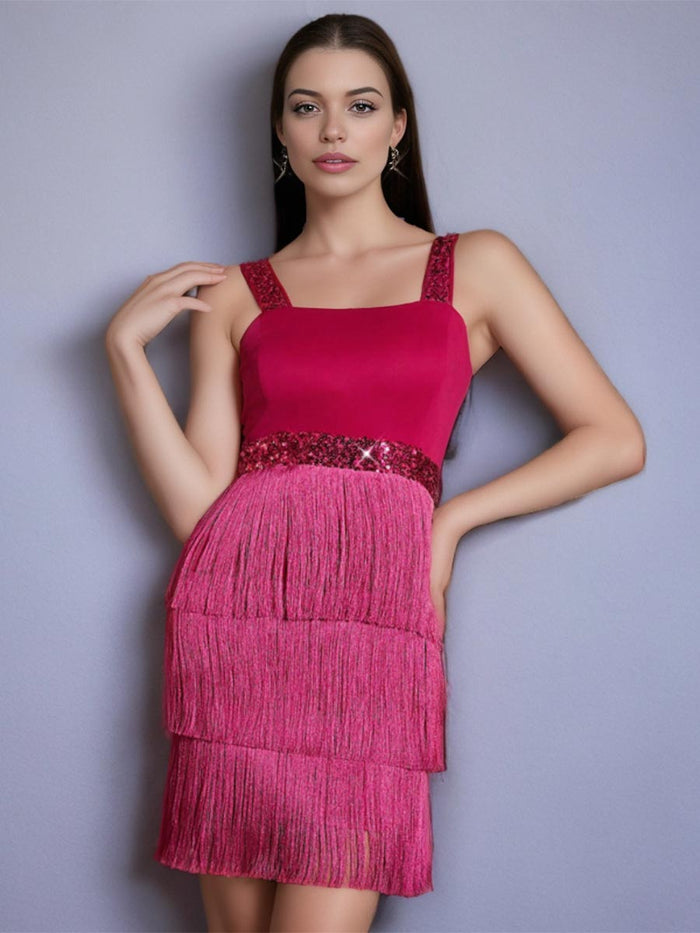 Colorblock Sequin Fringe Slip Party Dress
