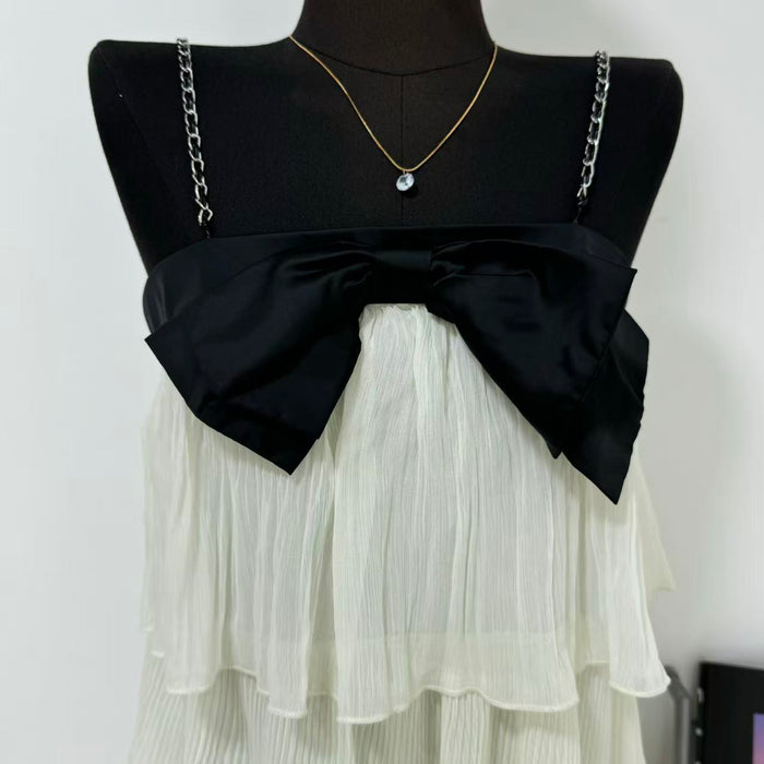 Contrasting-color bow tie backless halter dress