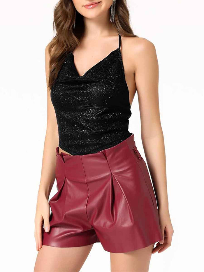 Cool Summer V-Neck Halter Black Sparkly Backless Tank Top