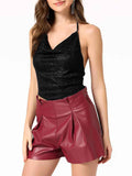 Cool Summer V-Neck Halter Black Sparkly Backless Tank Top