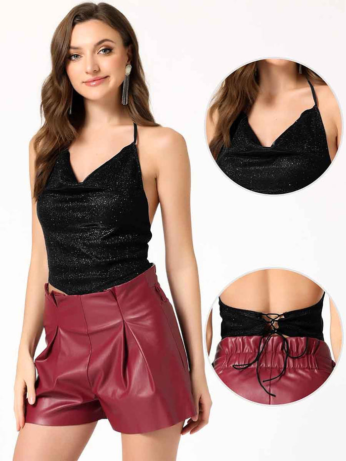 Cool Summer V-Neck Halter Black Sparkly Backless Tank Top