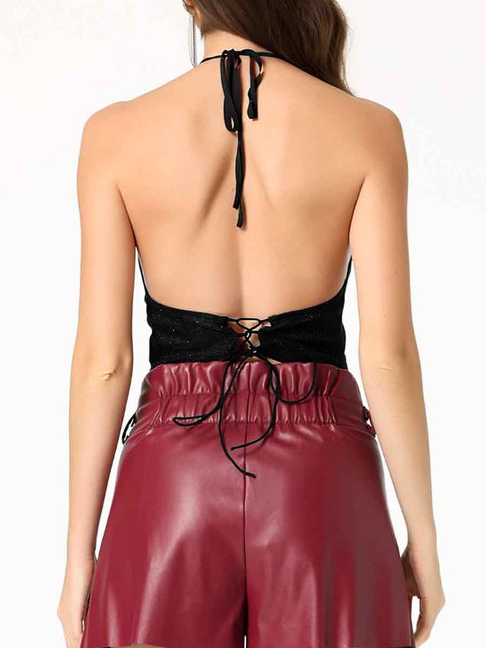 Cool Summer V-Neck Halter Black Sparkly Backless Tank Top