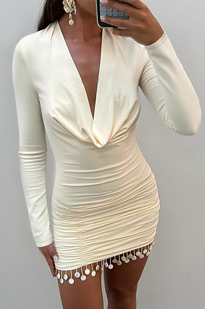 Cowl Neckline Long Sleeve Ruched Bodycon Fringed Trim Mini Dresses-Beige