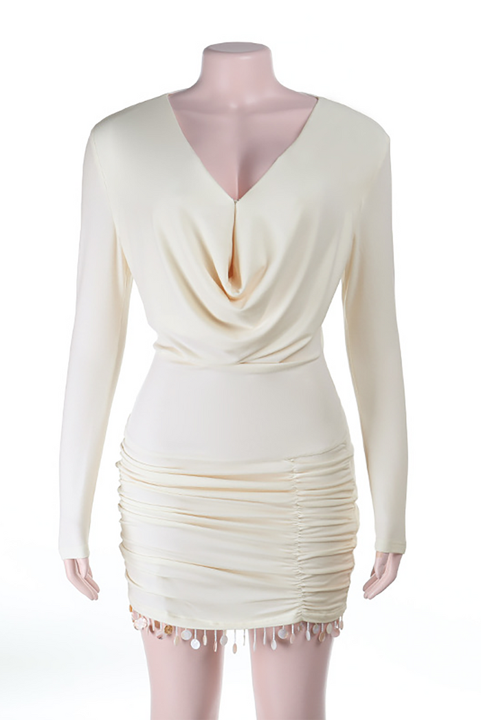 Cowl Neckline Long Sleeve Ruched Bodycon Fringed Trim Mini Dresses-Beige