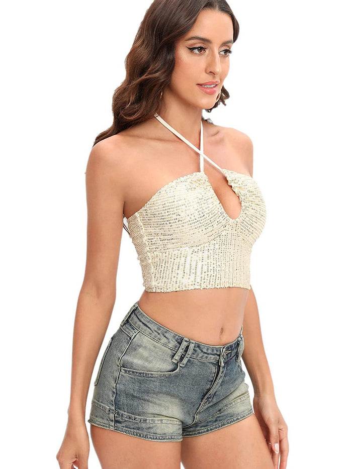 Crisscross Halter Tie-Back Glitter Backless Top