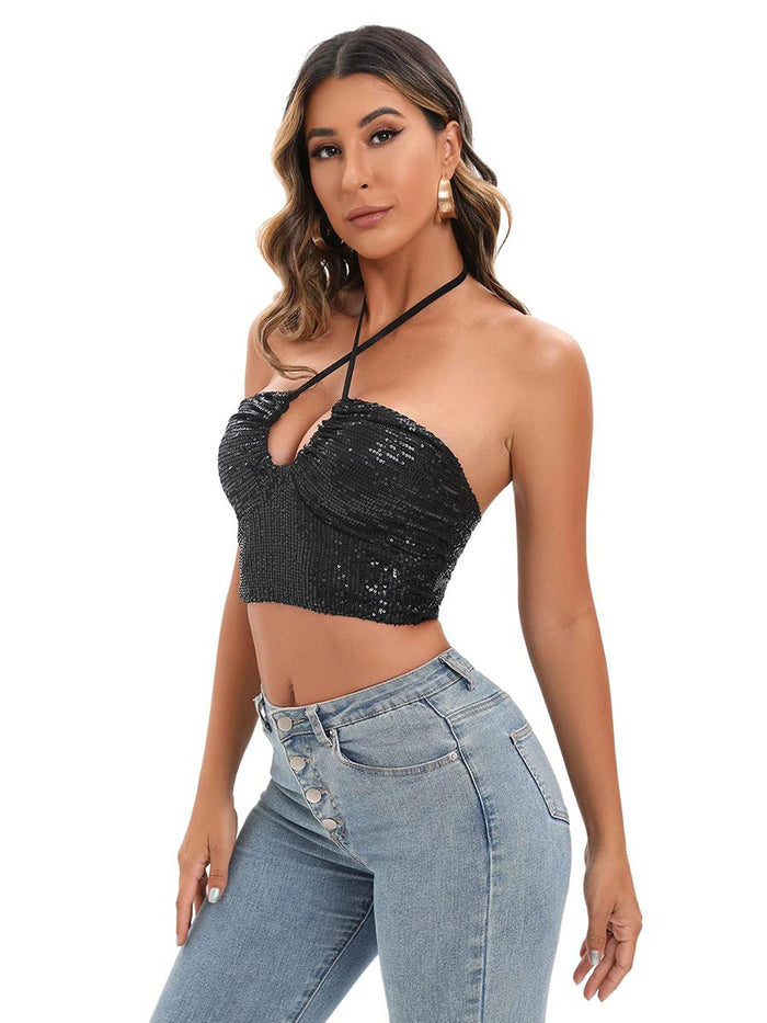 Crisscross Halter Tie-Back Glitter Backless Top