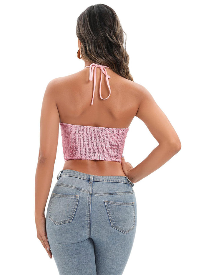 Crisscross Halter Tie-Back Glitter Backless Top