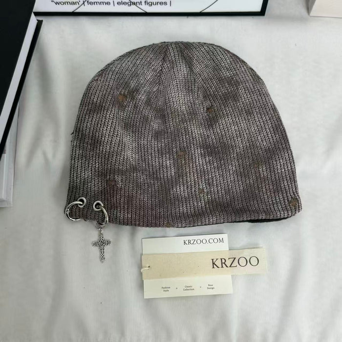 Cross-Patterned Distressed Knitted Wool Beanie