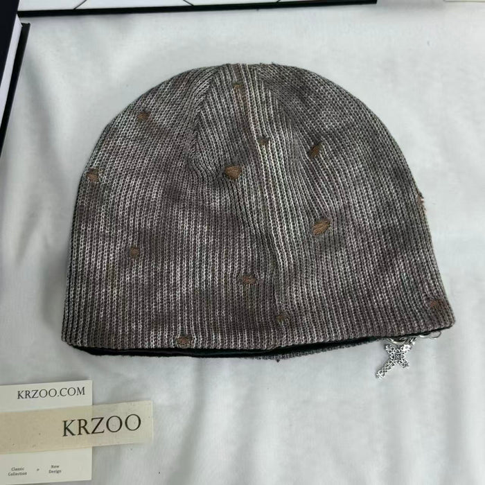 Cross-Patterned Distressed Knitted Wool Beanie
