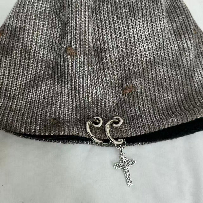 Cross-Patterned Distressed Knitted Wool Beanie