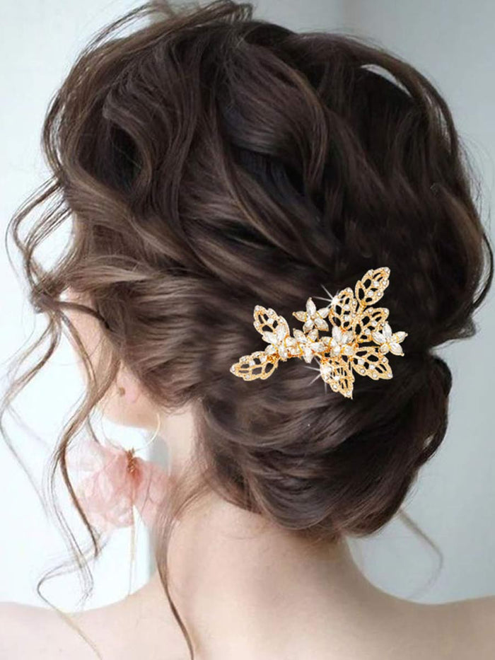Crystal Decorated Gold Flower and Leaf Shaped Side Comb