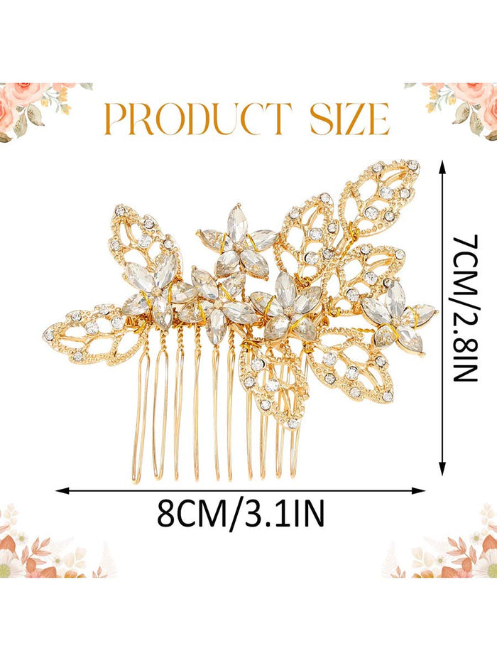 Crystal Decorated Gold Flower and Leaf Shaped Side Comb