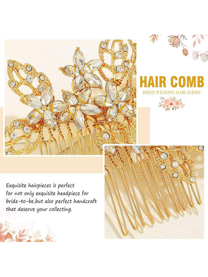 Crystal Decorated Gold Flower and Leaf Shaped Side Comb