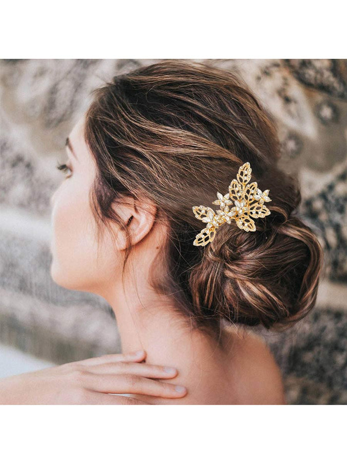 Crystal Decorated Gold Flower and Leaf Shaped Side Comb
