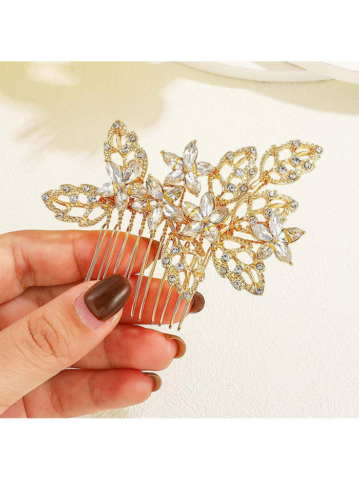 Crystal Decorated Gold Flower and Leaf Shaped Side Comb