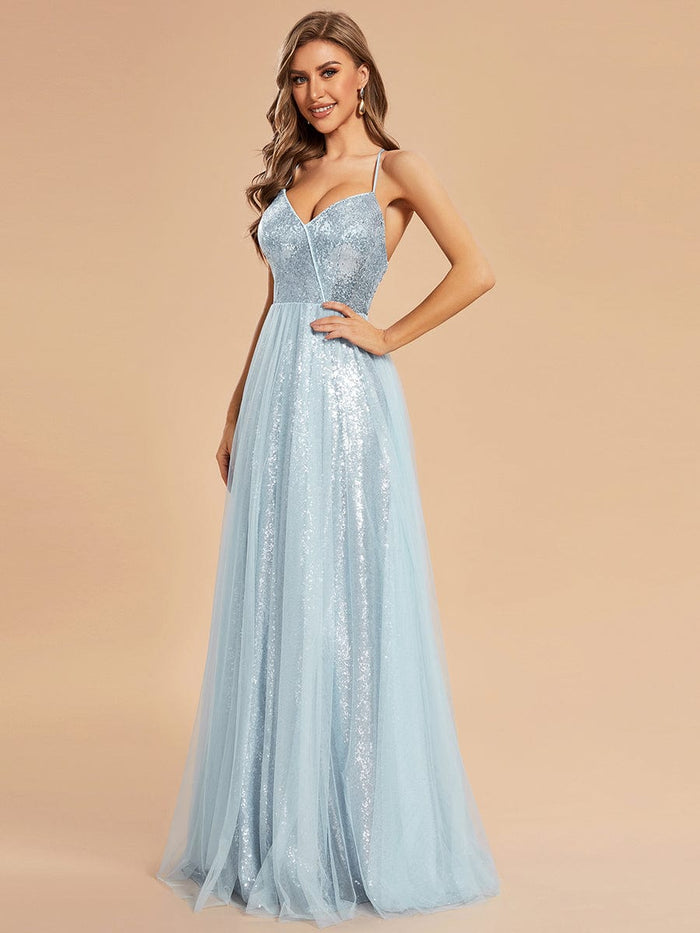 Custom Size Sparkly Spaghetti Strap A-Line Back Lace-Up Prom Dress with Tulle