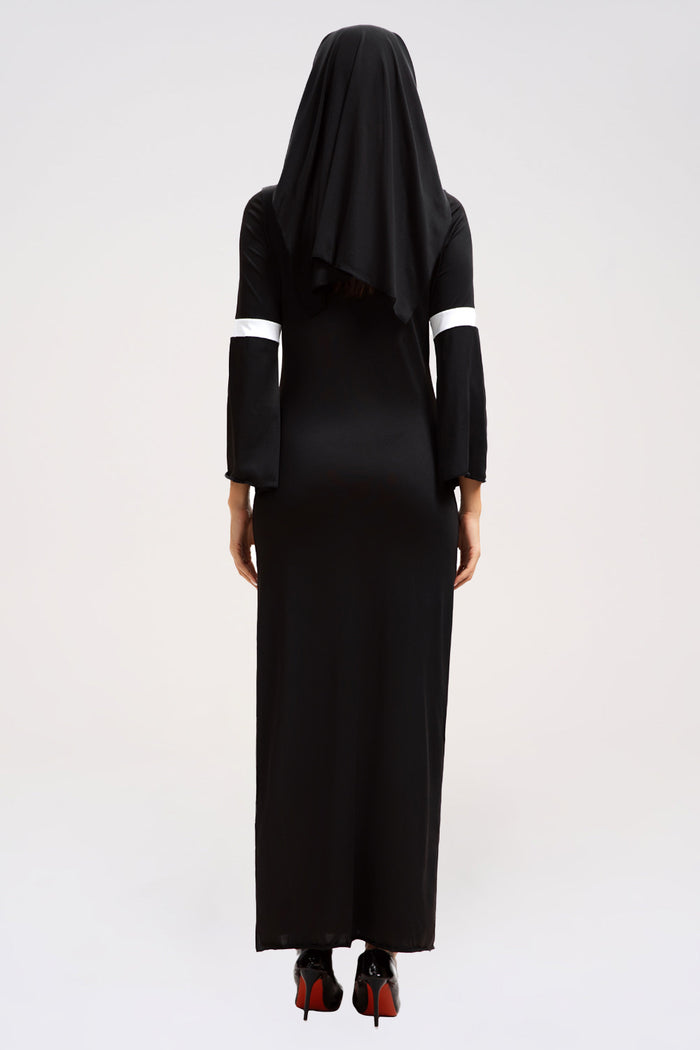 Cutout Flare Sleeve Slim Fit Side Slit Colorblock Nun Maxi Dresses-Black