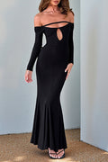 Cutout Off Shoulder Long Sleeve Backless Fitted Fishtail Maxi Dresses-Black
