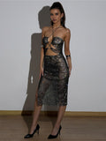 Cutout Rhinestone Fishnet Strapless Bodycon Midi Dress