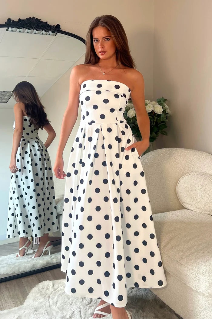 Danni Strapless Bandeau Midi Dress (Spot Print)