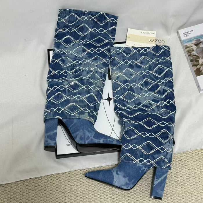 Dark Blue Chunky-Heel Cowboy Boots